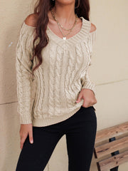 Honey Cable-Knit V-Neck Cold Shoulder Sweater - Trendsi