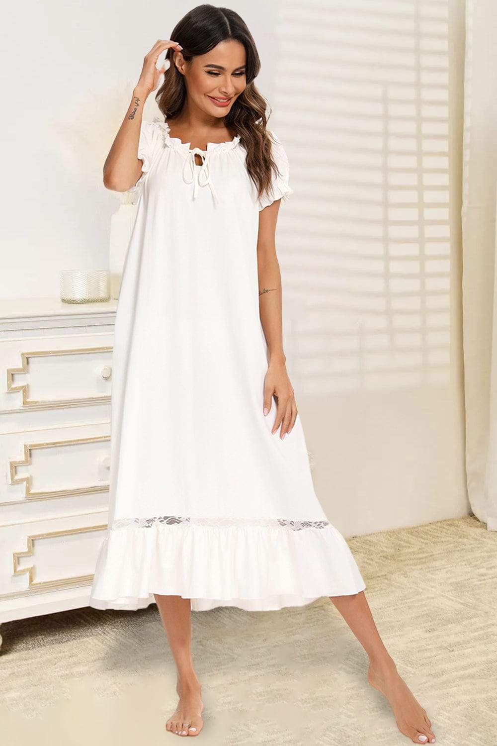 Lace Detail Short Sleeve Lounge Dress - Trendsi - Flyclothing LLC