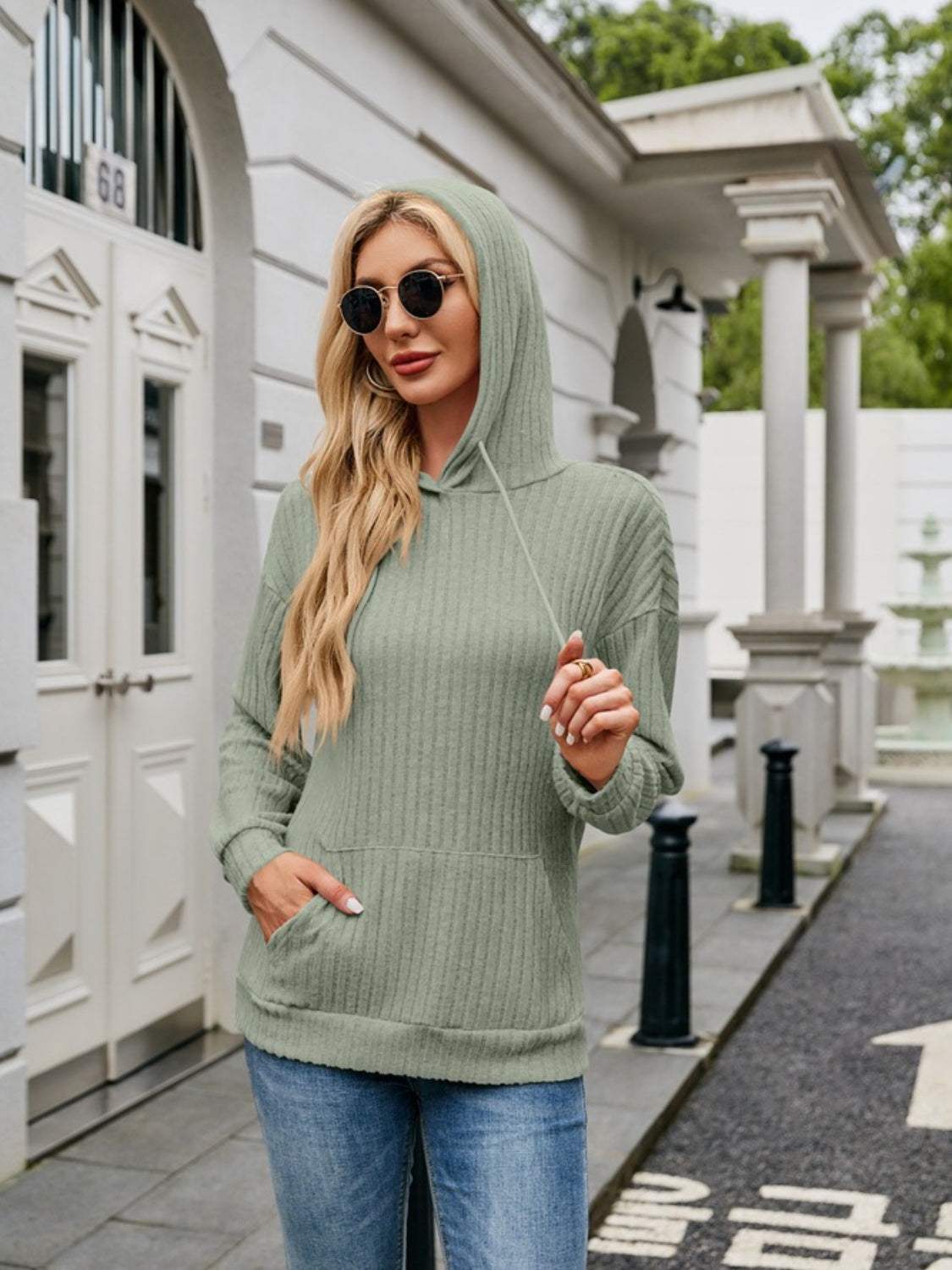 Ribbed Drawstring Long Sleeve Hoodie - Trendsi - Flyclothing LLC