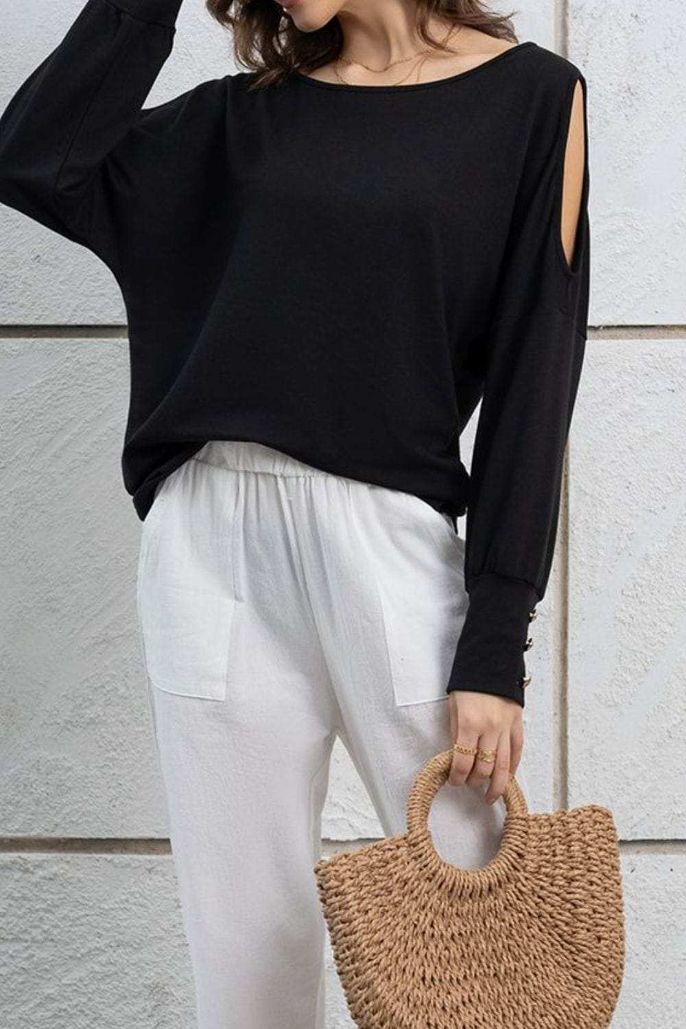 Cutout Round Neck Long Sleeve Top - Trendsi - Flyclothing LLC
