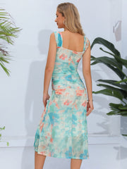 Printed Square Neck Wide Strap Midi Dress - Trendsi
