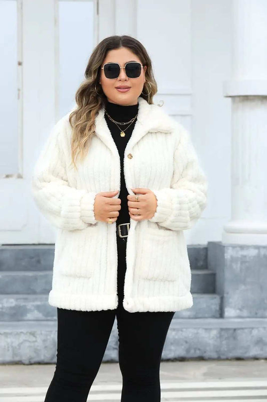 Plus Size Fuzzy Collared Neck Long Sleeve Jacket - Trendsi - Flyclothing LLC