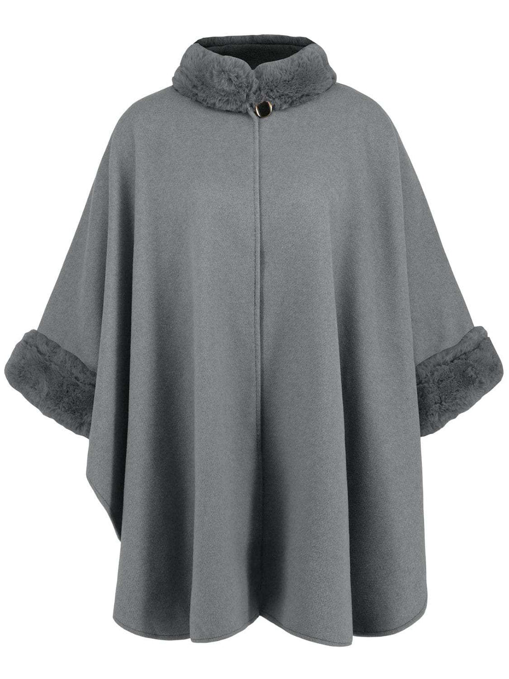 Fuzzy Trim Long Sleeve Poncho - Trendsi - Flyclothing LLC