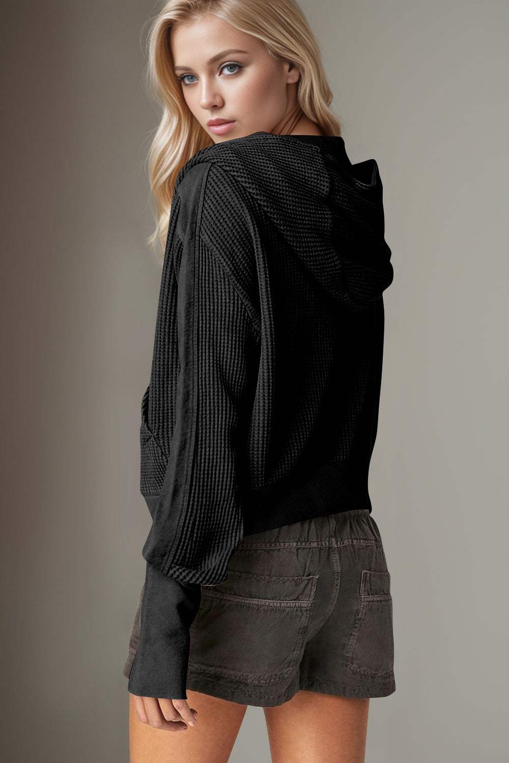 Double Take Waffle-Knit Zip Up Long Sleeve Hooded Jacket - Trendsi - Flyclothing LLC