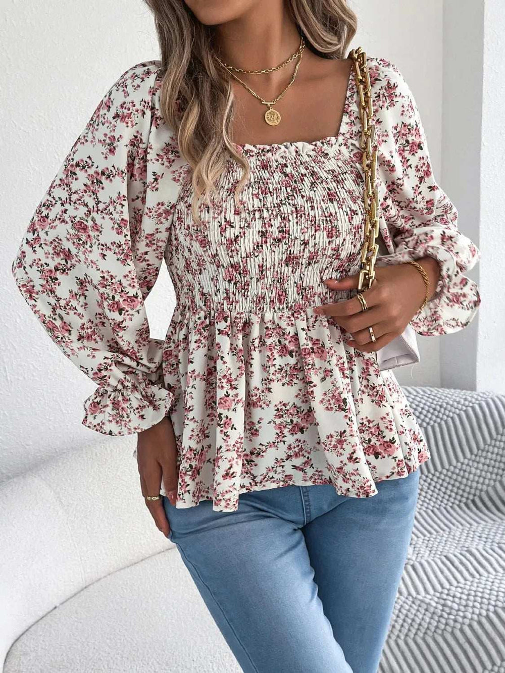 Floral Square Neck Flounce Sleeve Blouse - Trendsi - Flyclothing LLC
