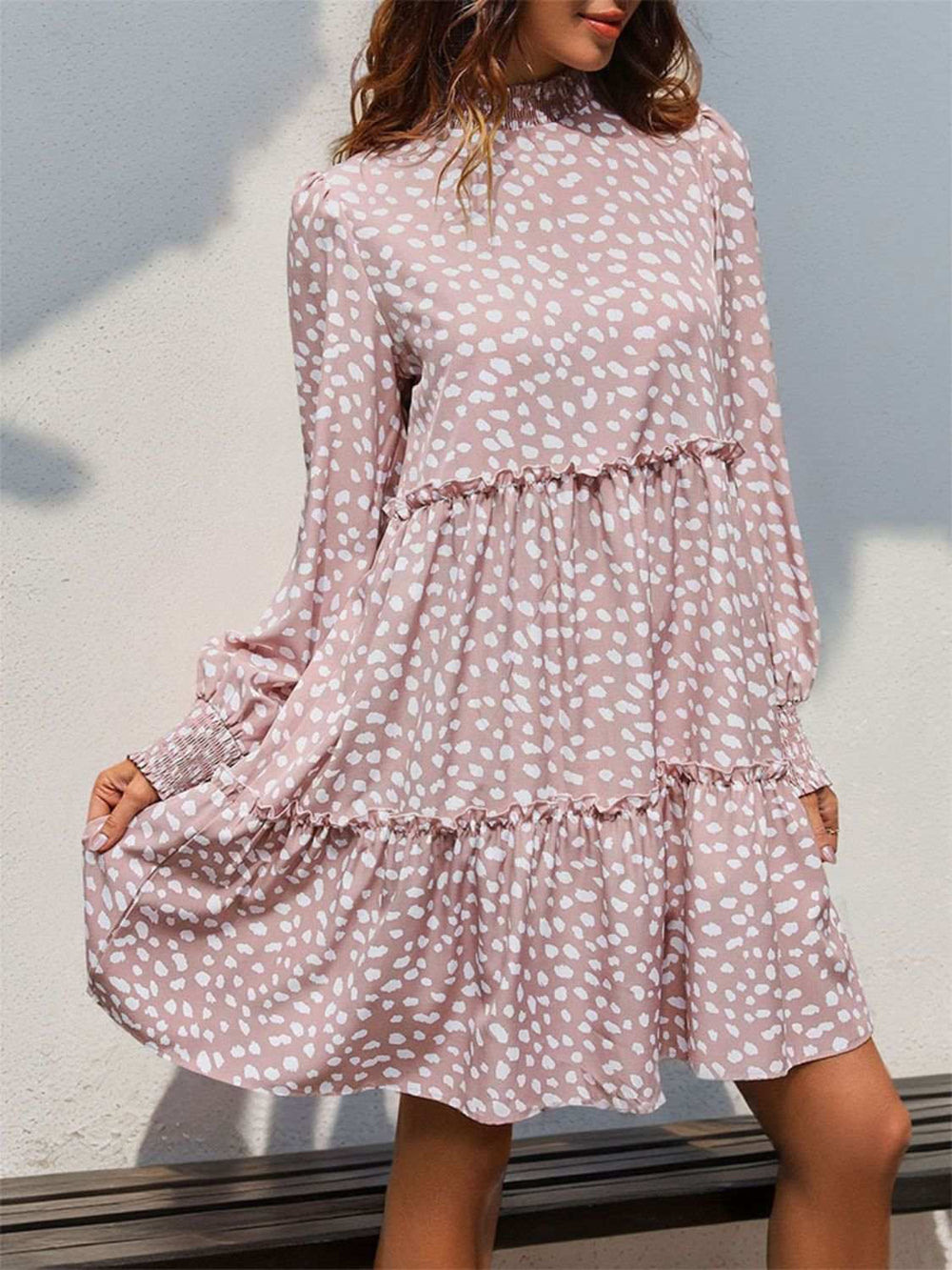 Frill Printed Mock Neck Long Sleeve Mini Dress - Trendsi - Flyclothing LLC