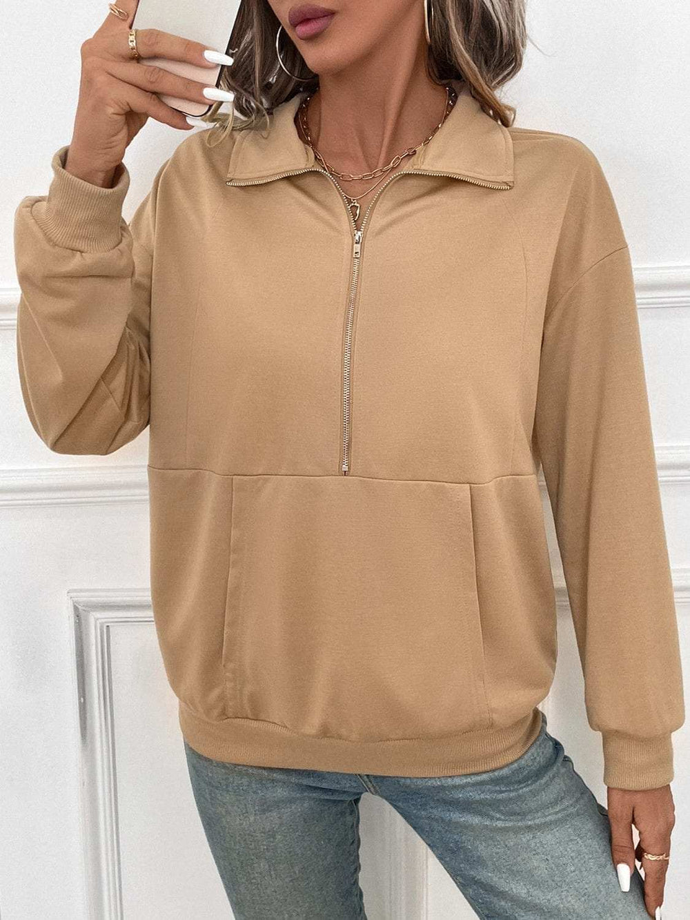 Half Zip Kangaroo Pocket Long Sleeve Sweatshirt - Trendsi - Flyclothing LLC