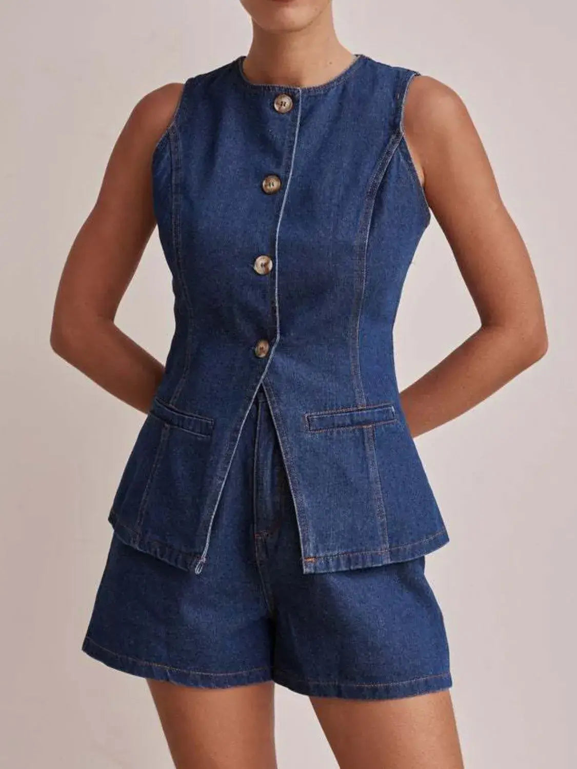 Button Down Vest and Shorts Denim Set - Trendsi - Flyclothing LLC