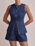 Button Down Vest and Shorts Denim Set - Trendsi