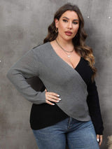Plus Size Two-Tone Surplice Neck Sweater - Trendsi - Flyclothing LLC