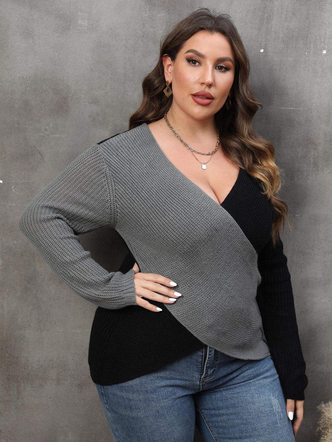 Plus Size Two-Tone Surplice Neck Sweater - Trendsi - Flyclothing LLC