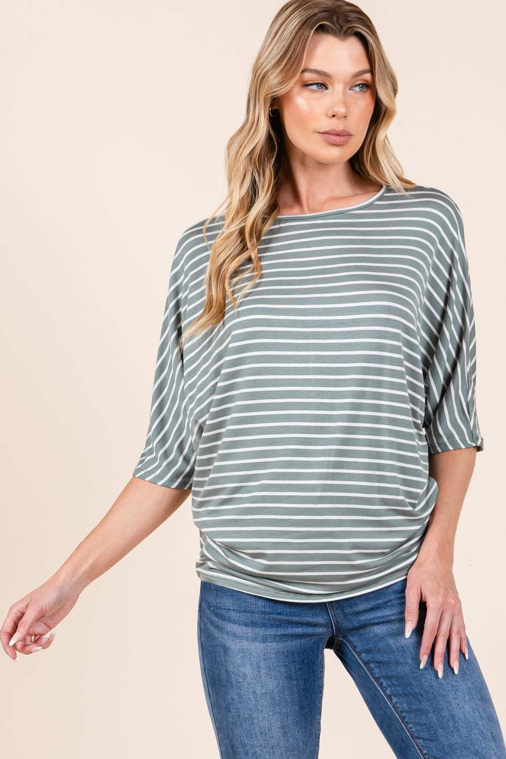 BOMBOM Striped Boat Neck Dolman Sleeve Top - Trendsi - Flyclothing LLC