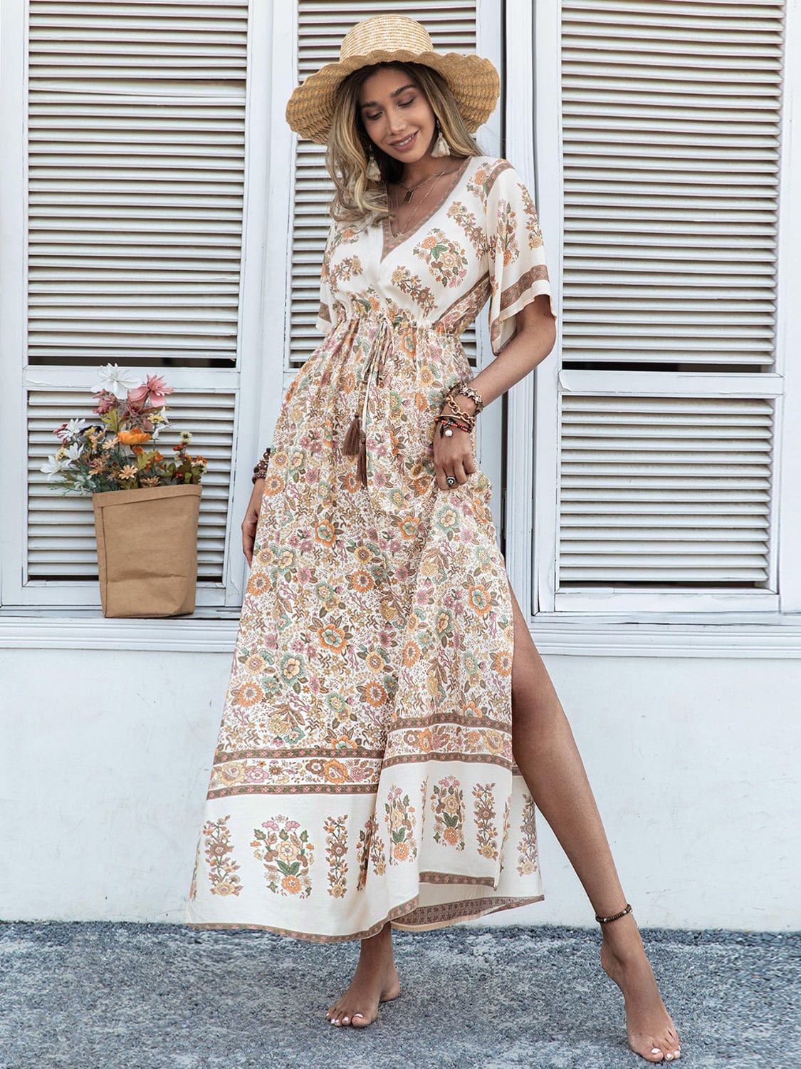 Drawstring Printed Plunge Half Sleeve Dress - Trendsi