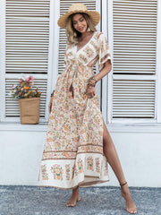 Drawstring Printed Plunge Half Sleeve Dress - Trendsi