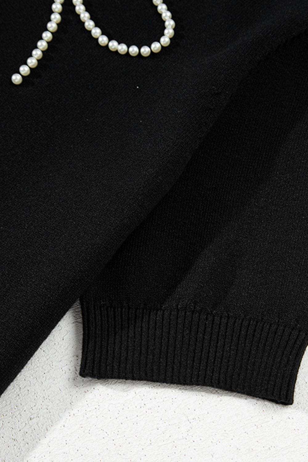 Pearl Bow Necklace Embellished Short Sleeve Knit Top - Trendsi - Flyclothing LLC