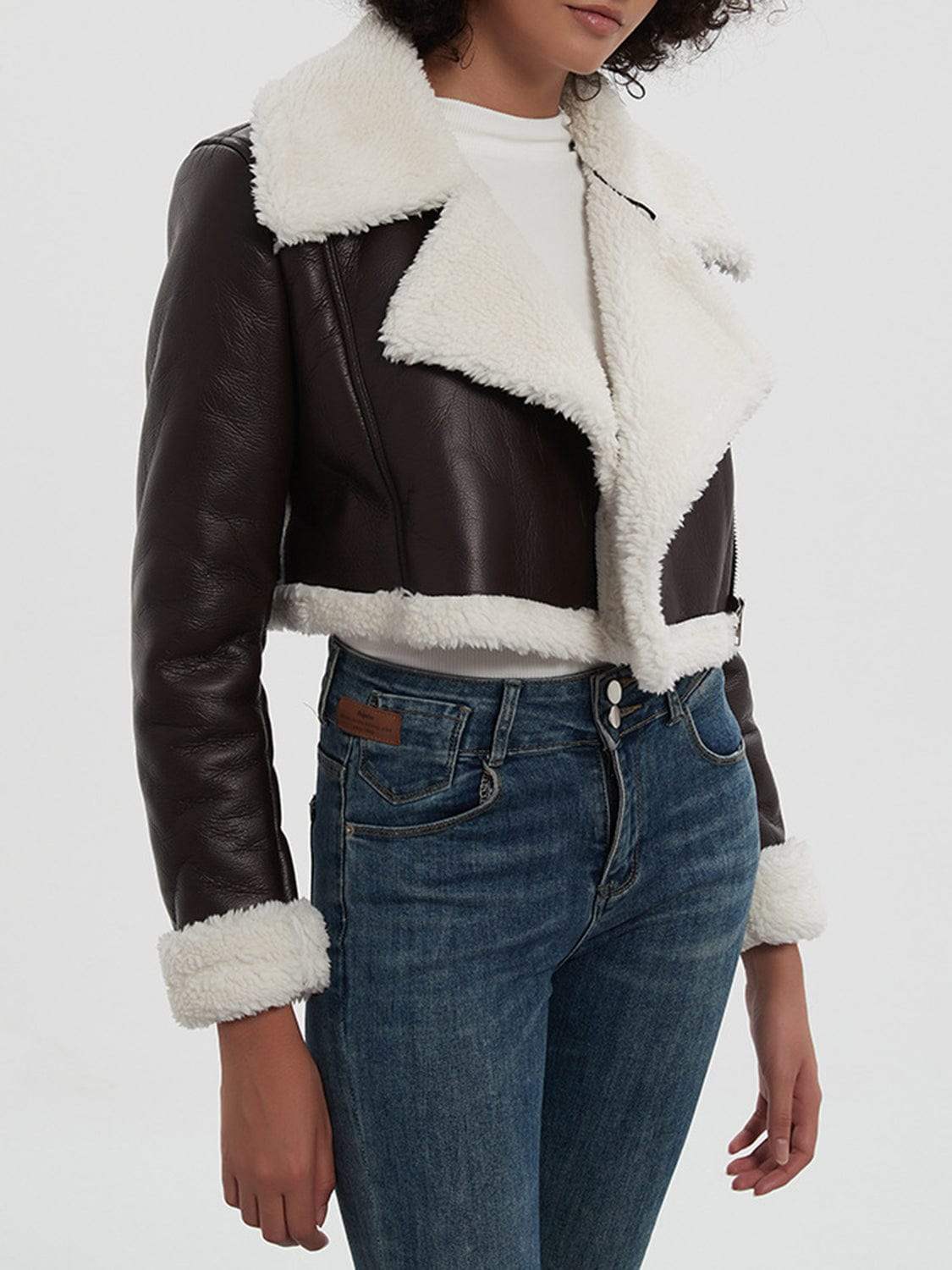 Collared Neck Long Sleeve Plush Cropped Jacket - Trendsi - Flyclothing LLC