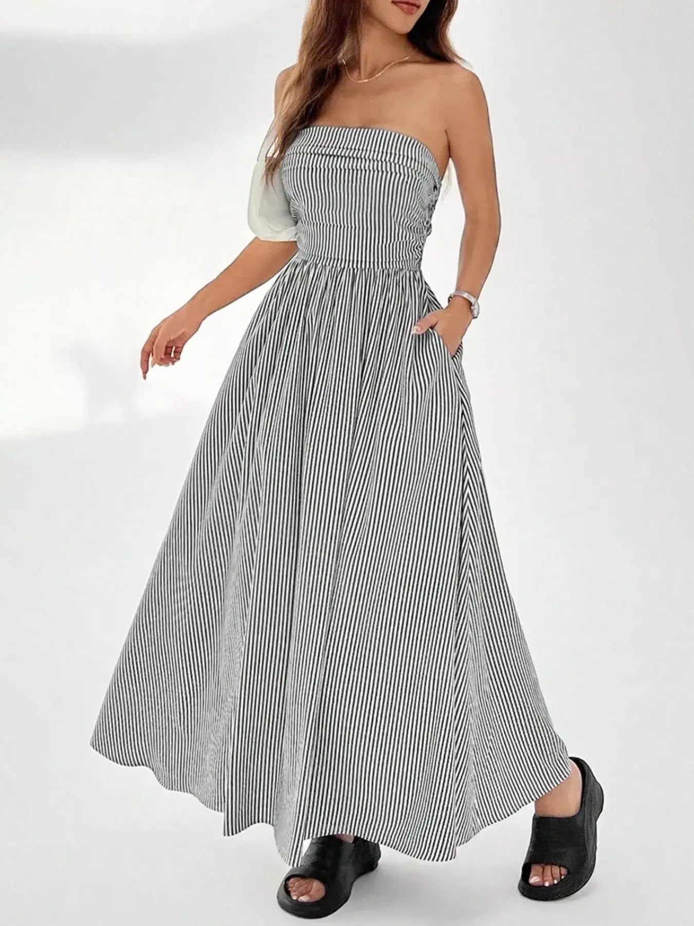 Striped Strapless Casual Maxi Dress - Trendsi - Flyclothing LLC