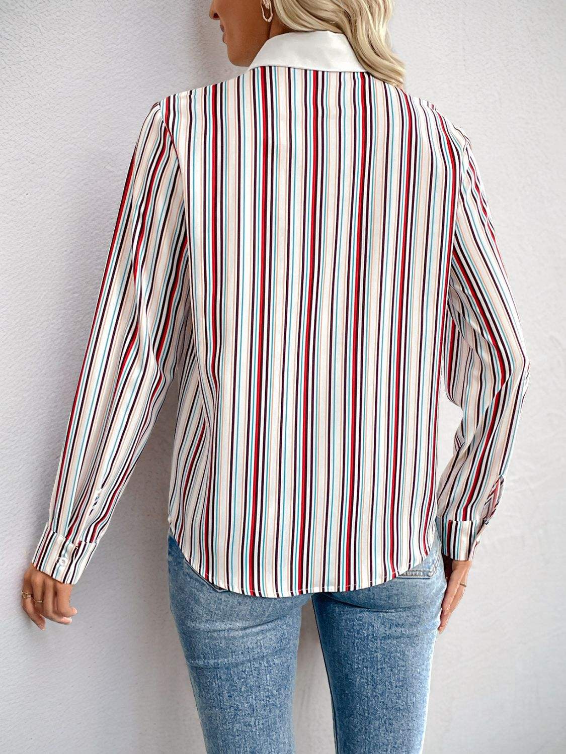 Perfee Contrast Striped Collared Neck Long Sleeve Shirt - Trendsi - Flyclothing LLC
