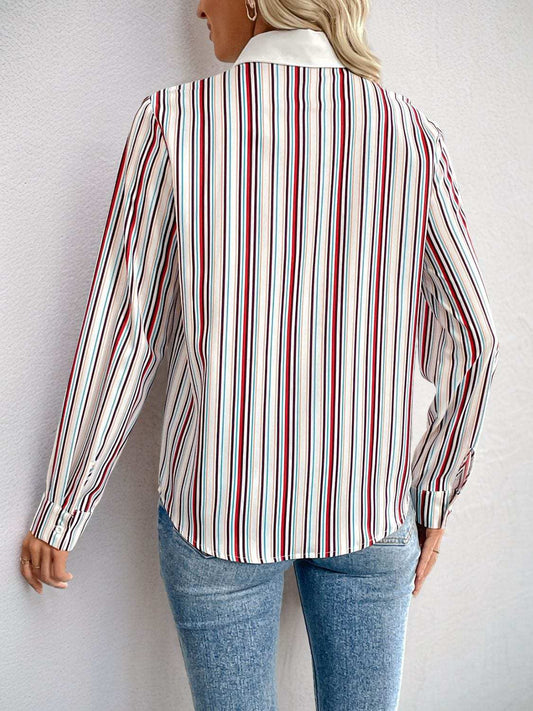 Perfee Contrast Striped Collared Neck Long Sleeve Shirt - Trendsi - Flyclothing LLC