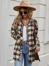 Leopard Trim Plaid Collared Neck Long Sleeve Shirt - Trendsi - Flyclothing LLC