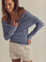 Striped Off-Shoulder Long Sleeve Knit Top - Trendsi - Flyclothing LLC