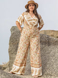 Plus Size V-Neck Flutter Sleeve Wide Leg Jumpsuit - Trendsi - Flyclothing LLC