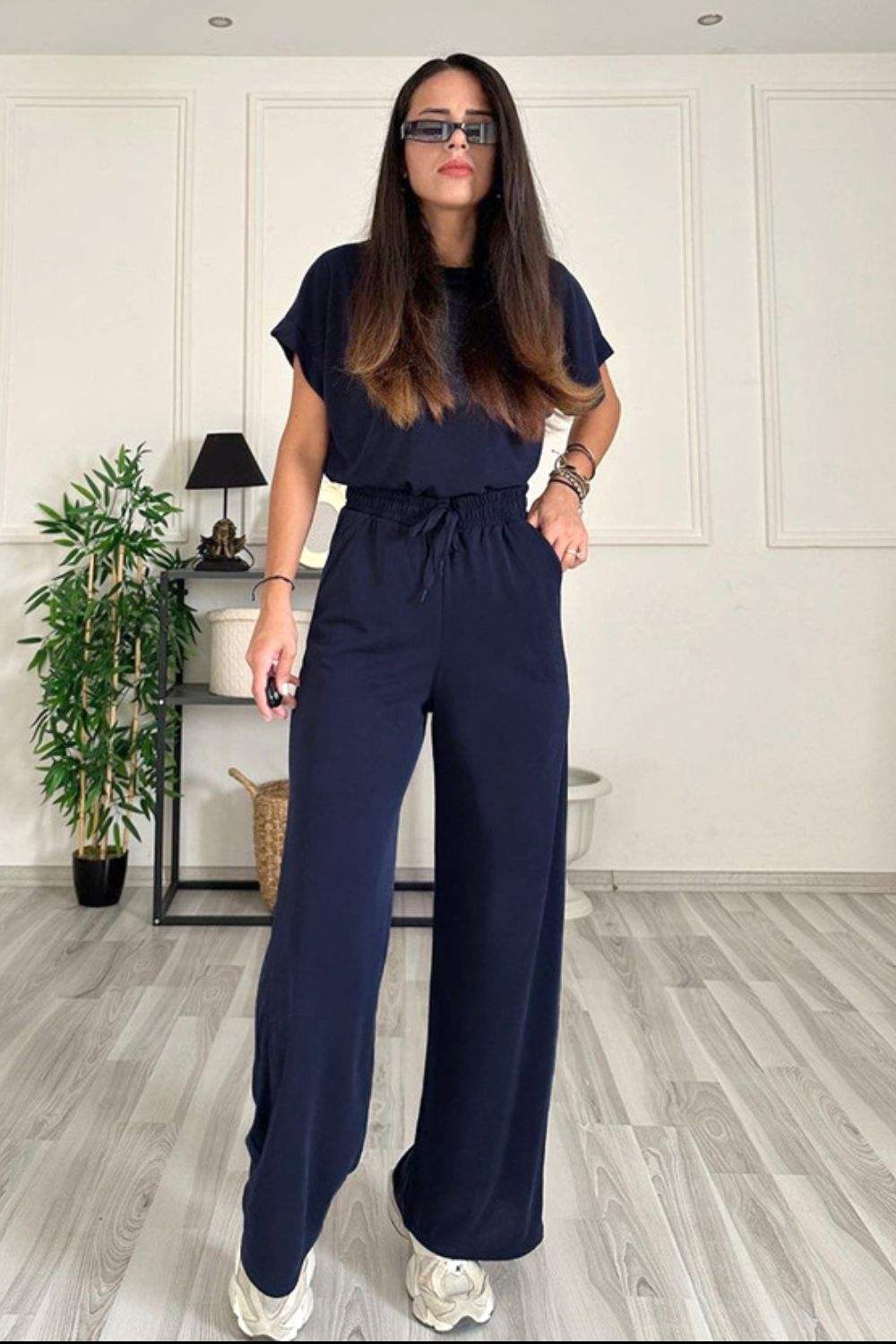 Round Neck Short Sleeve Top and Drawstring Pants Set - Trendsi - Flyclothing LLC