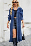 Button Up Long Sleeve Longline Hooded Denim Outerwear - Trendsi