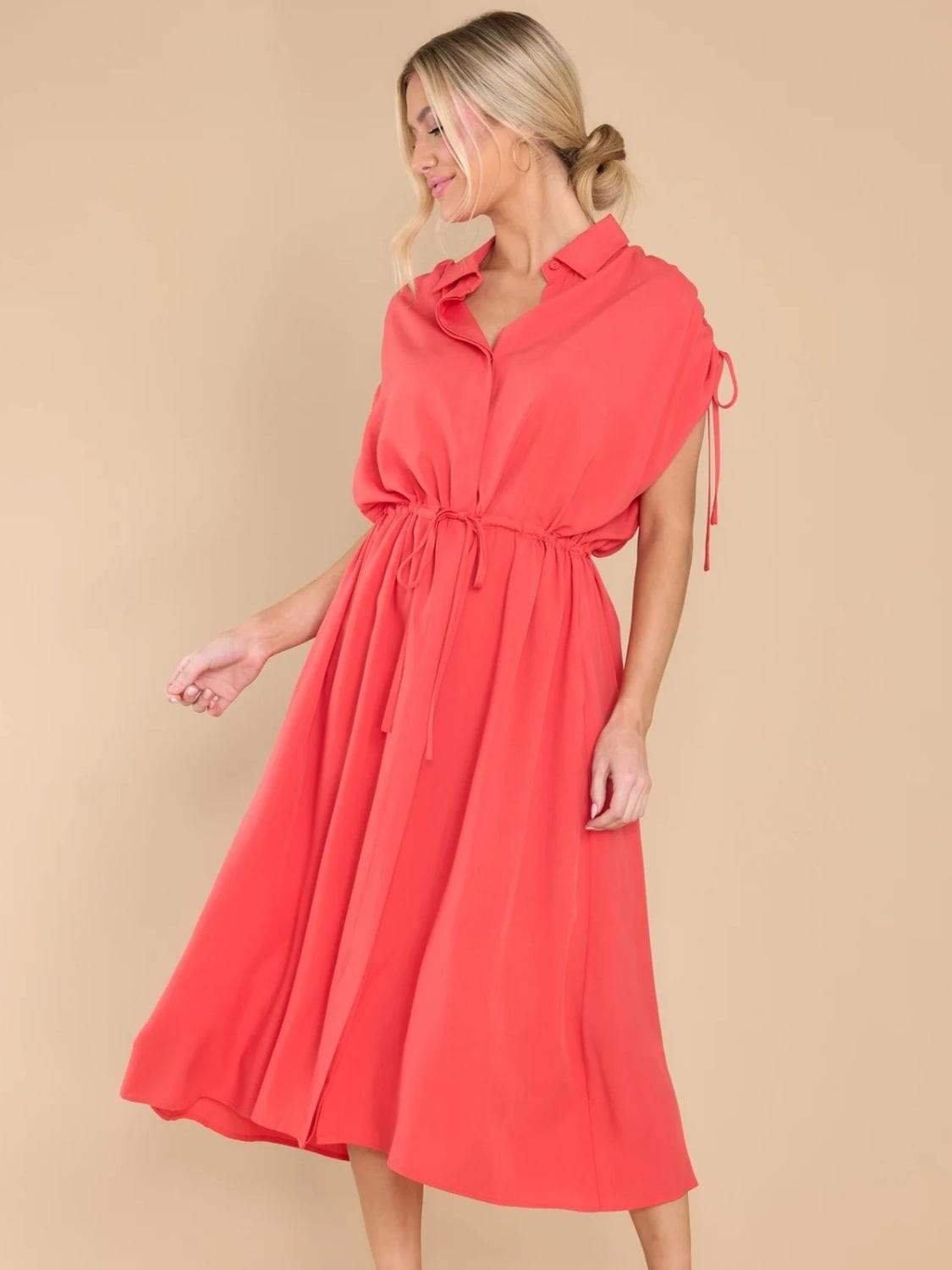 Drawstring Collared Neck Short Sleeve Midi Dress - Trendsi - Flyclothing LLC