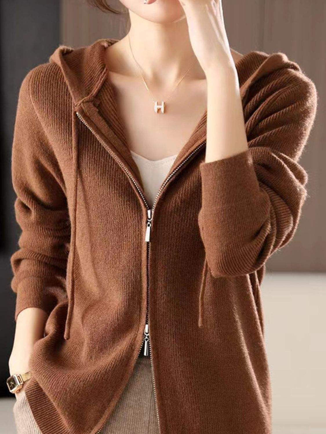 Drawstring Zip Up Long Sleeve Hooded Sweater - Trendsi - Flyclothing LLC