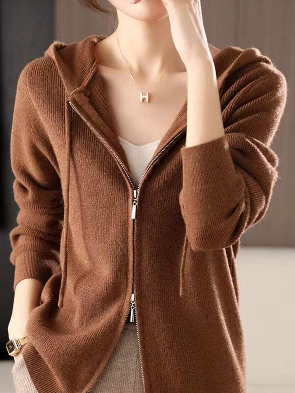 Drawstring Zip Up Long Sleeve Hooded Sweater - Trendsi - Flyclothing LLC
