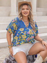 Plus Size Printed Notched Short Sleeve Blouse - Trendsi - Flyclothing LLC