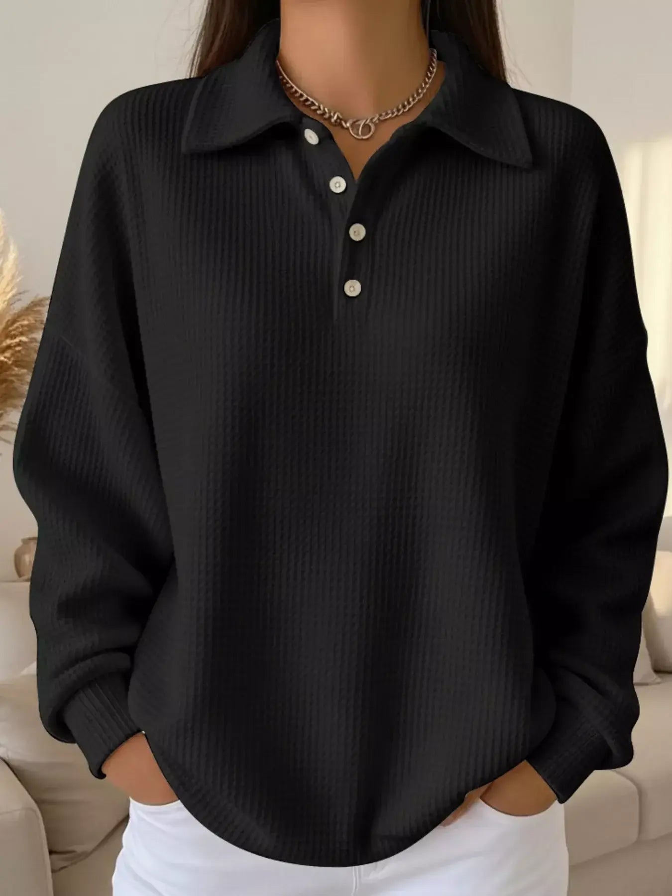 Full Size Waffle Knit Button Detail Sweatshirt Plus Size - Trendsi - Flyclothing LLC