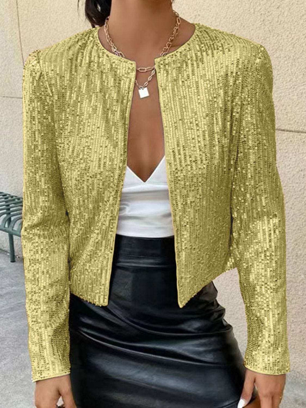 Full Size Sequin Open Front Cropped Jacket - Trendsi - Flyclothing LLC