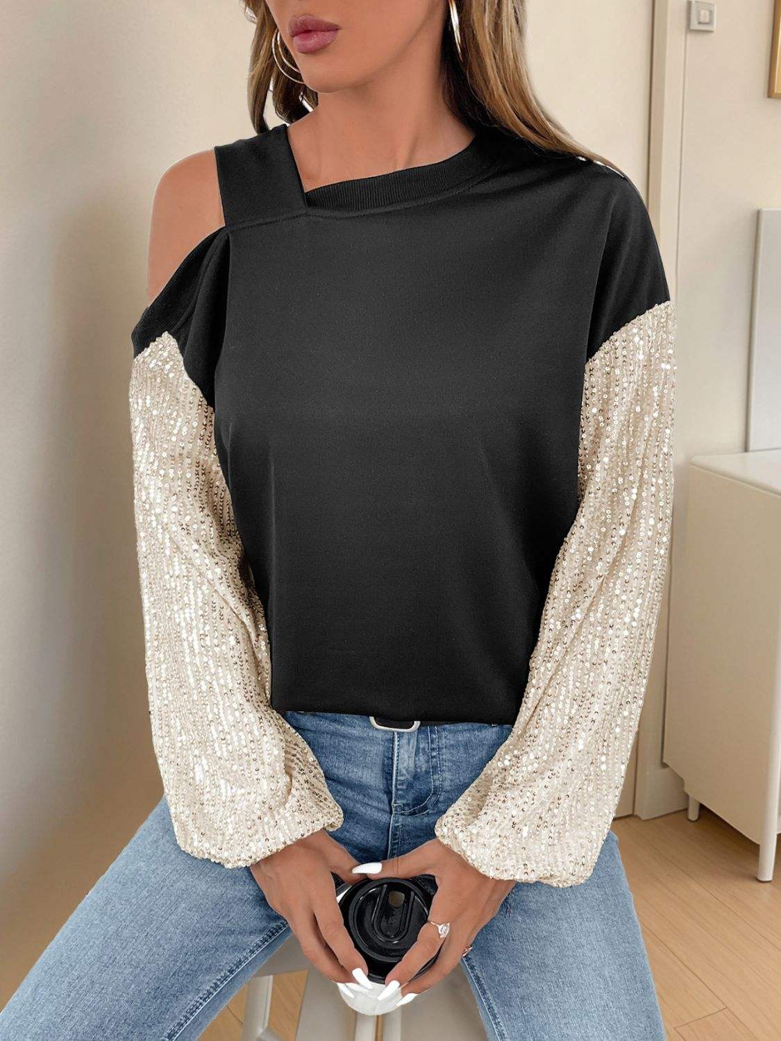 Perfee Sequin Asymmetrical Neck Long Sleeve Sweatshirt - Trendsi - Flyclothing LLC