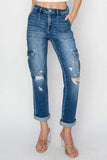 RISEN Full Size High Rise Cargo Ankle Roll Up Straight Jeans - Trendsi - Flyclothing LLC