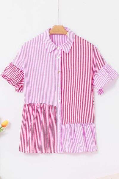 Button Down Striped Ruffled Hem Shirt - Trendsi - Flyclothing LLC