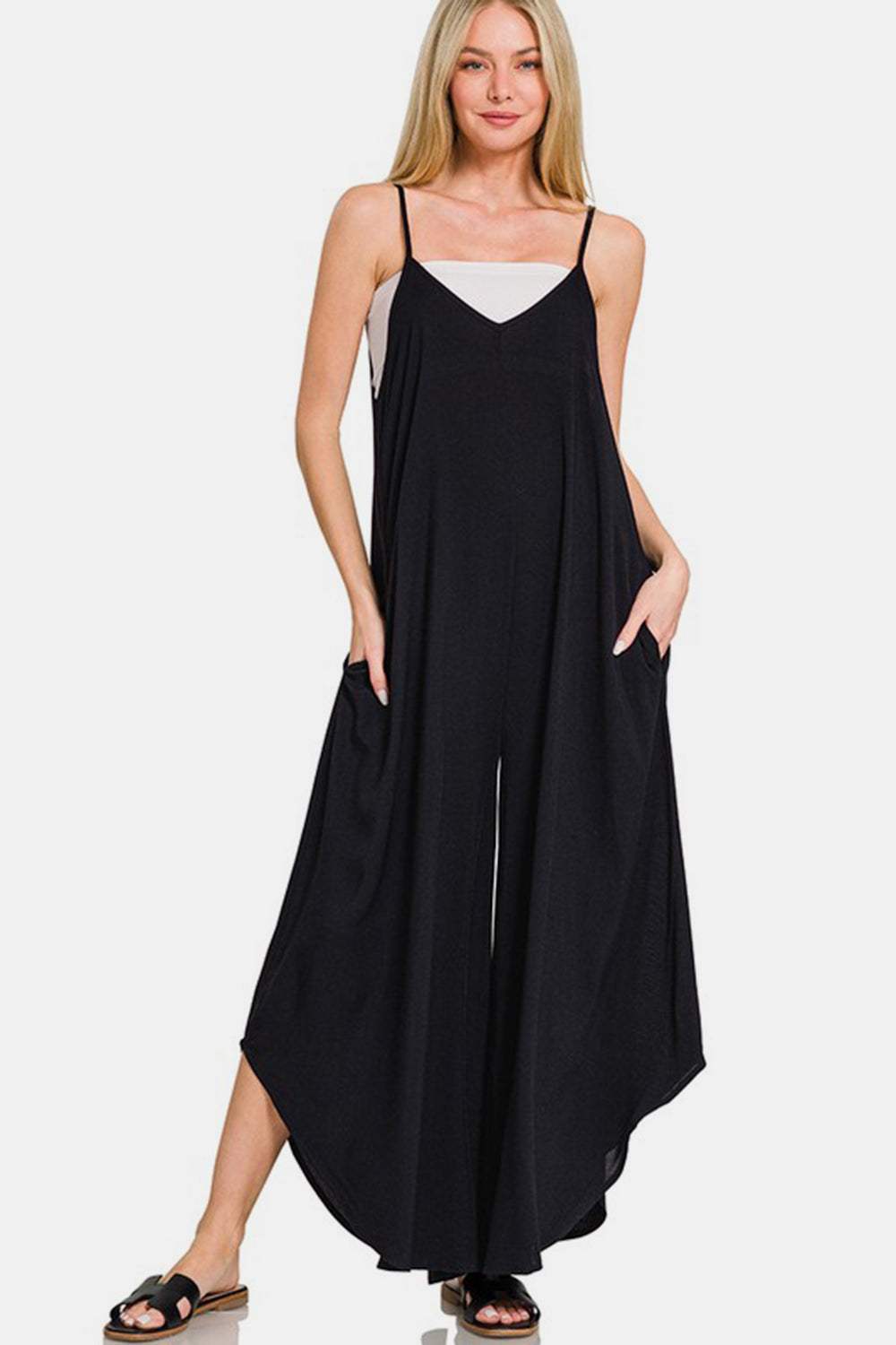 Zenana Spaghetti Strap Wide Leg Overalls with Pockets - Trendsi - Flyclothing LLC