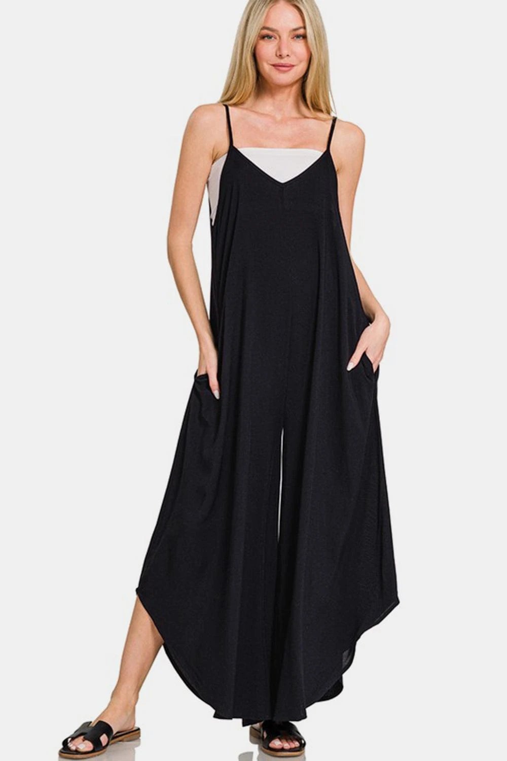 Zenana Spaghetti Strap Wide Leg Overalls with Pockets - Trendsi