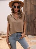 Half Button Hooded Short Sleeve Blouse - Trendsi