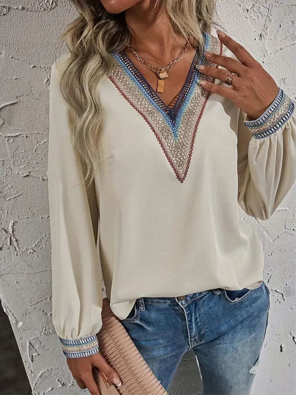 Contrast V-Neck Long Sleeve Blouse - Trendsi - Flyclothing LLC