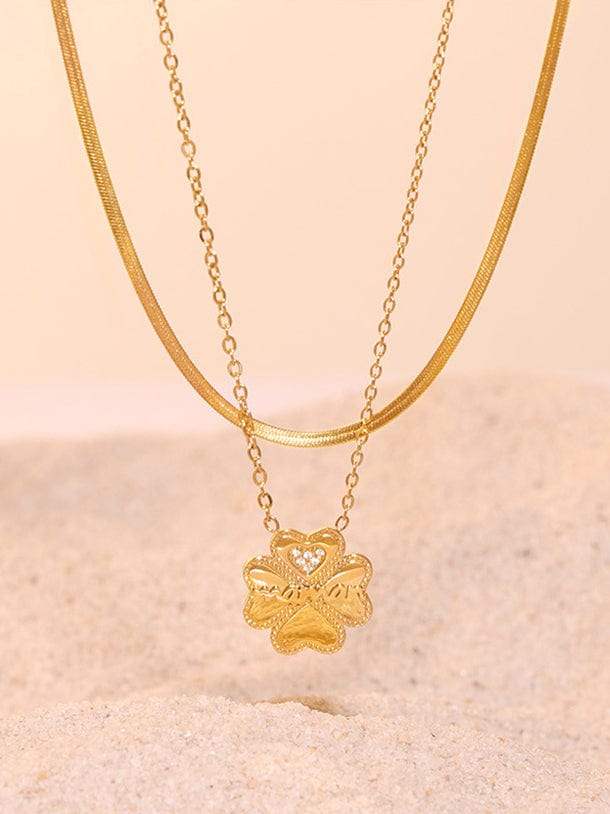 2 Piece 18K Gold-Plated Inlaid Zircon Lucky Clover Necklace - Trendsi - Flyclothing LLC