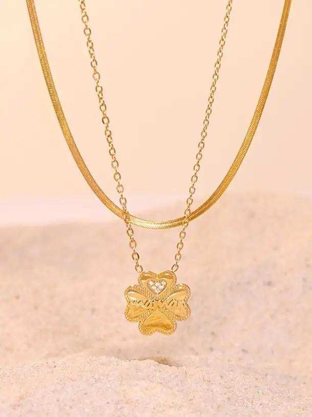 2 Piece 18K Gold-Plated Inlaid Zircon Lucky Clover Necklace - Trendsi - Flyclothing LLC