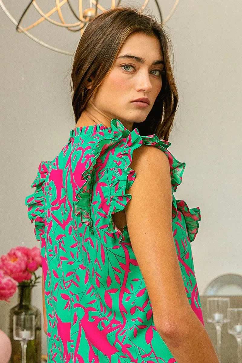 BiBi Leopard Leaves Print Woven Top - Trendsi - Flyclothing LLC