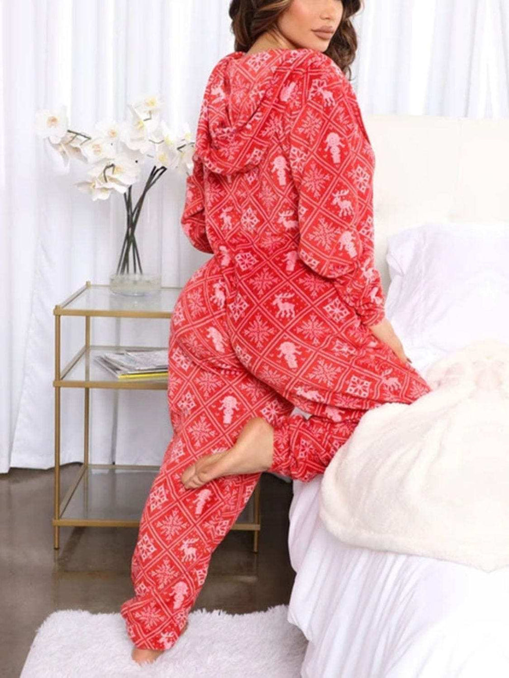 Printed Zip Up Long Sleeve Hooded Lounge Jumpsuit - Trendsi - Flyclothing LLC