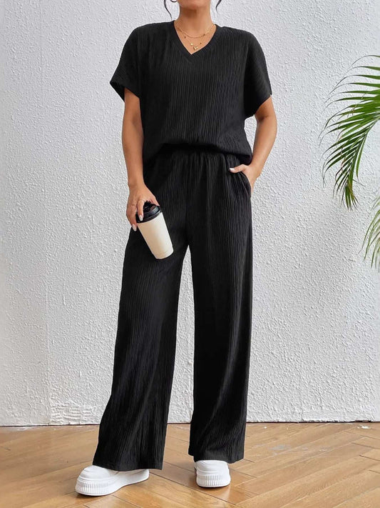 V-Neck Short Sleeve Top and Pants Set - Trendsi - Flyclothing LLC