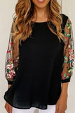Floral Embroidered Sleeve Round Neck Blouse - Trendsi