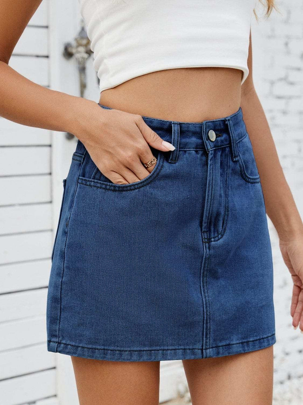 Solid Mini Denim Skirt - Trendsi - Flyclothing LLC