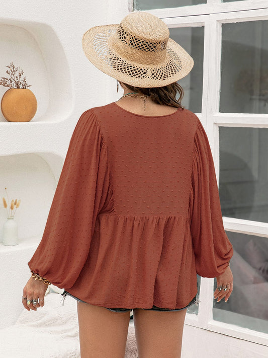 Plus Size Swiss Dot Tie Neck Long Sleeve Blouse - Trendsi