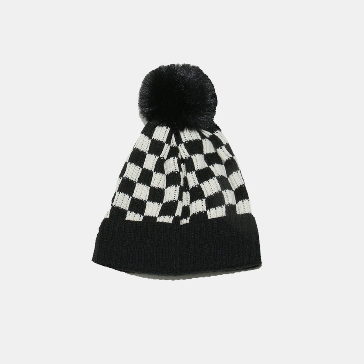 Checkered Knit Hat with Pompom - Trendsi